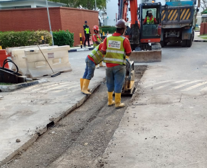 Trench backfilling and sand compaction work after cable laying in Singapore